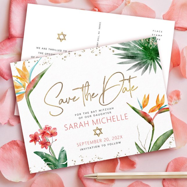 Skript för bat mitzvah Tropical Spara Date Blommig Inbjudan Vykort (Skapare uppladdad)