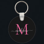 Skript för Black Magenta Rosa Monogram Namn Elegan Nyckelring<br><div class="desc">Enkel Shock rosa för svart Magenta,  monogram Elegant Modern skriptnyckelkedja</div>