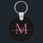 Skript för Black Magenta Rosa Monogram Namn Elegan Nyckelring<br><div class="desc">Enkel Shock rosa för svart Magenta,  monogram Elegant Modern skriptnyckelkedja</div>