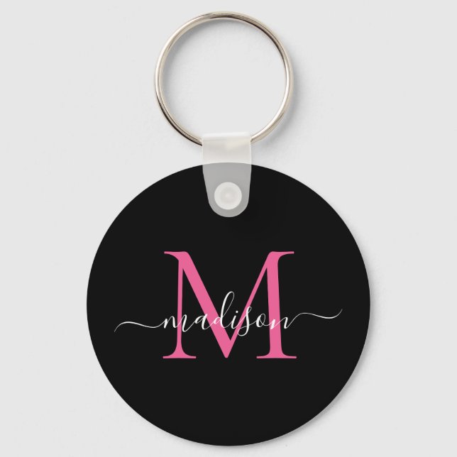 Skript för Black Magenta Rosa Monogram Namn Elegan Nyckelring (Framsida)