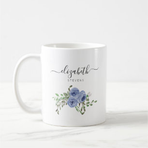 Skript för Blommigten Dusty Blue Watercolor Ro Kaffemugg