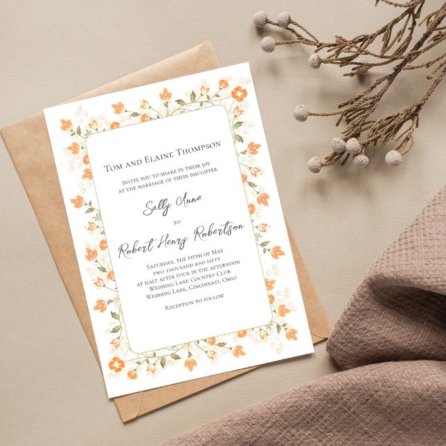 Skript för Blommigten Elegant bröllop Peach Inbjudningar (Elegant peach floral wedding invitation with a monogram on the backside. )