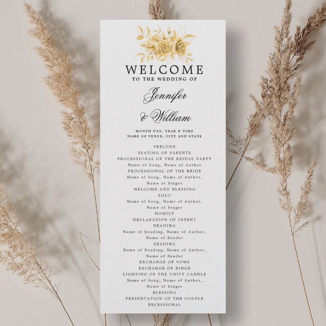 Skript för Blommigten Elegant bröllop Program Guld (Elegant Wedding Program Gold Floral Script )