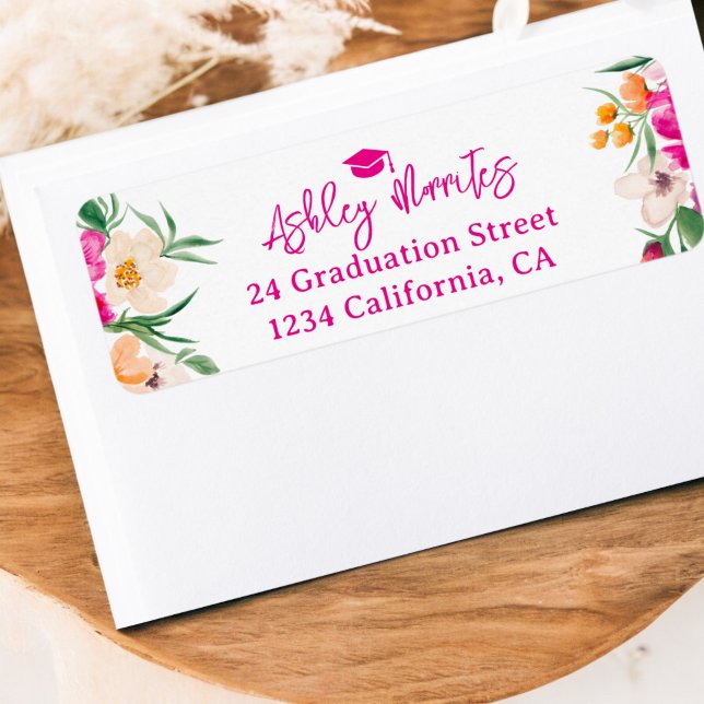 Skript för Bright rosa Wildblommor studenten Returadress Etikett (Bright pink wildflowers script graduation label)