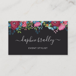 Skript för Brundy Blåa blommor White Calligraphy Visitkort