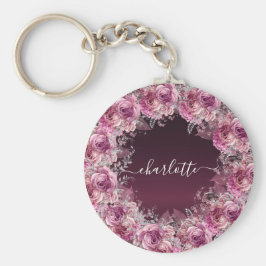 Skript för Burgundy rosa blommigt namn Nyckelring