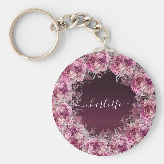 Skript för Burgundy rosa blommigt namn Nyckelring (Framsidan)