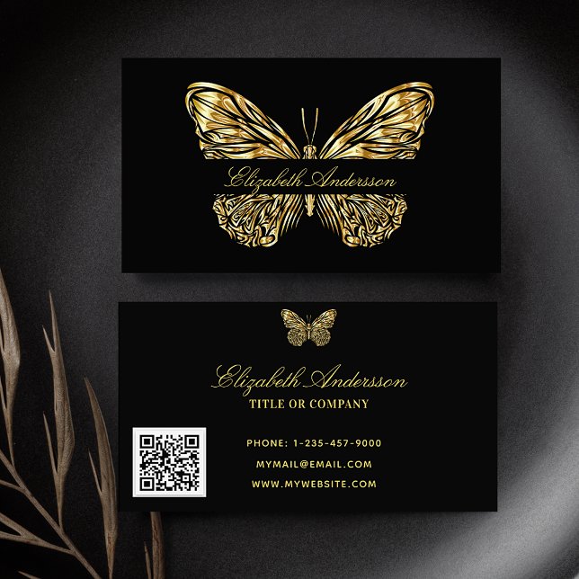 Skript för Butterfly Black guld QR-elegant Visitkort (Skapare uppladdad)