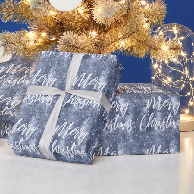 Skript för Dusty Blue Blommigt Glitter God jul Presentpapper (Helgdagar)