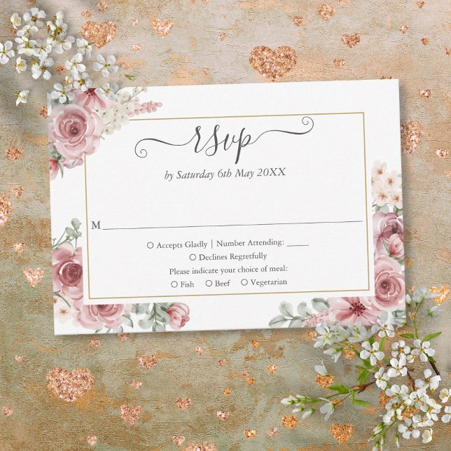 Skript för Dusty Ro Blommigt-Elegant OSA Kort (Dusty Rose Floral Elegant Script RSVP Card)