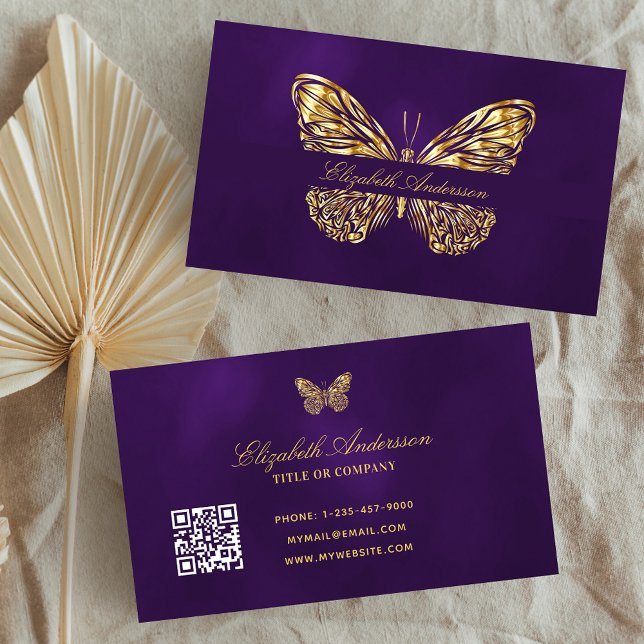 Skript för elegant av Butterfly lila guld QR-kod Visitkort (Skapare uppladdad)