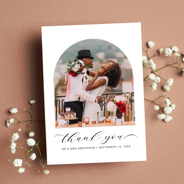 Skript för Eleganten Bröllop Photo Arched Ram Tack Kort (Celebrate your love story with a thank you card showcasing your photo in an elegant arch frame)
