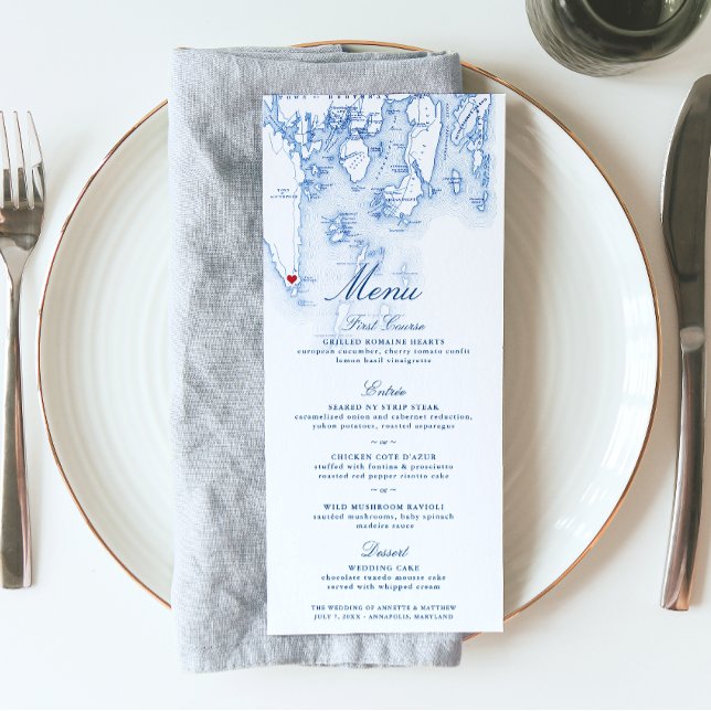 Skript för Eleganten för flottan i Southport Booth Meny (These Navy Blue Southport Maine wedding menus are perfect for your destination wedding to Boothbay)