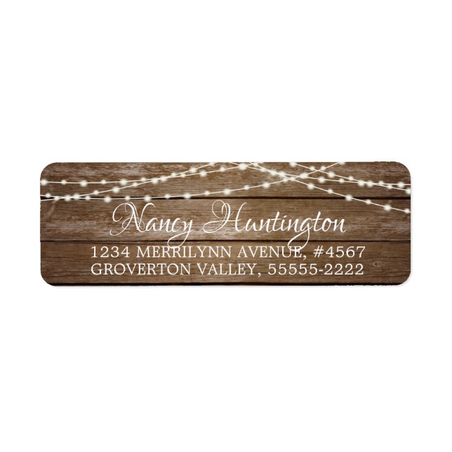 Skript för Eleganten Rustic Wood Fairy String Ljus Returadress Etikett (Framsidan)