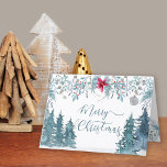 Skript för Eleganten Winter Forest Foliage Helgkort<br><div class="desc">Personlig-christmas-kort med elegant-skripttypografi. Vattenfärgskonstruktion med gräs träd,  poinsettia och vintern bladning i nyanser av grått och tidvatten grönt.</div>