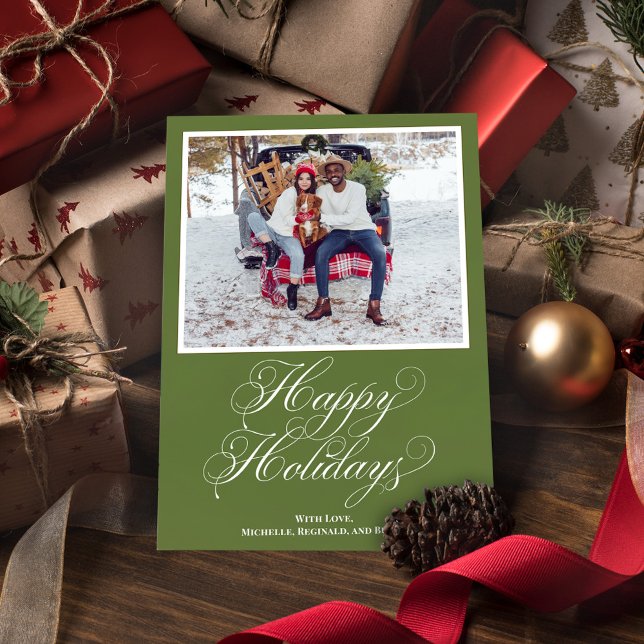 Skript för grönt Glad helg Elegant Julkort (Happy Holidays Green calligraphy script photo card.)