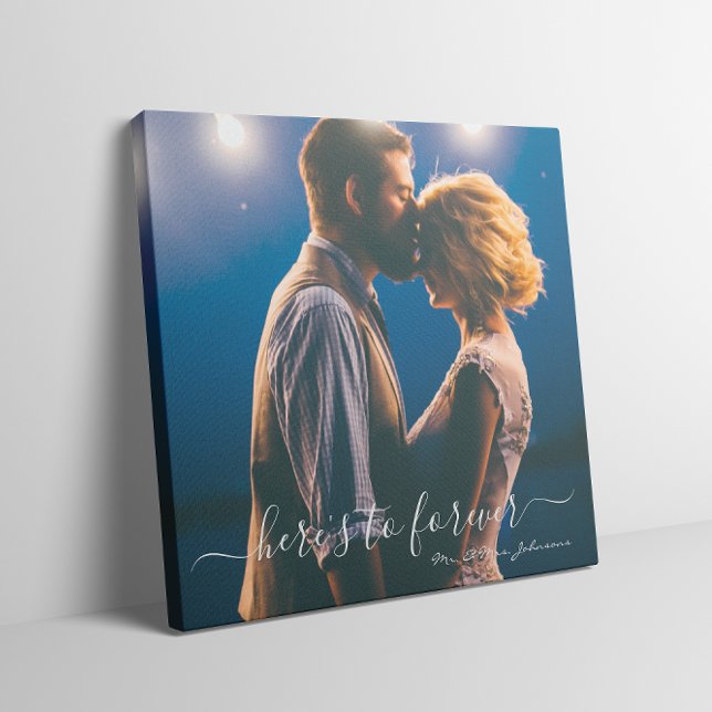 Skript för 'Här är till för evigt' Bröllopsfoto fö Canvastryck (Here's To Forever Script Mr Mrs Wedding Photo Canvas Print
)