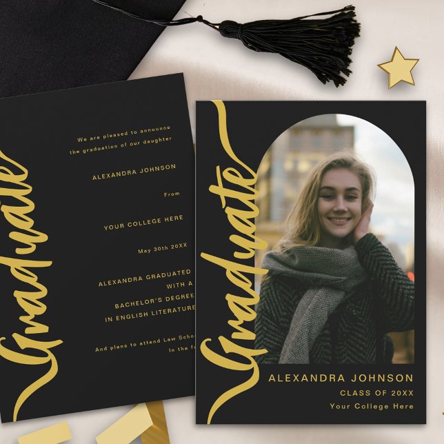 Skript för modern Student Photo Arch Black Guld Meddelande (Modern Graduate photo arch Black and gold script Graduation announcement card)