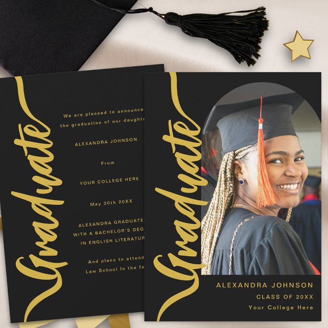 Skript för modern Student Photo Arch Black Guld Meddelande (Modern arch photo graduation announcement card black with gold script)