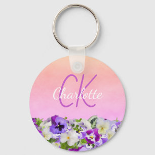 Skript för Monogram rosa lila blommigt pansies na Nyckelring