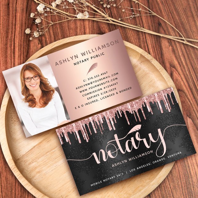 Skript för notary Black Rosa Glitter Photo Loan Ag Visitkort (Skapare uppladdad)