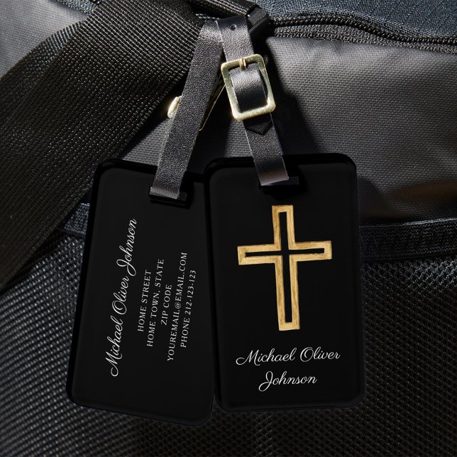 Skript för Religiösa Kor Black elegant Bagagebricka (Elegant Religious Cross Black Script Luggage Tag)