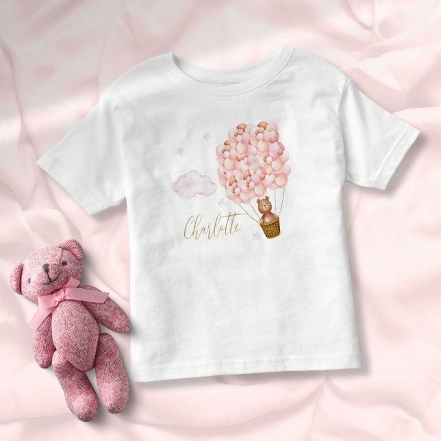 Skript för Rosa nalle Balloons Guld T Shirt (Teddy Bear Pink Balloons Gold Script Toddler T-shirt)
