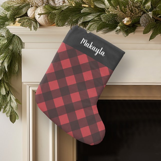 Skript för Rustic Red & Black Buffalo Play Mönster Liten Julstrumpa (Personalized Christmas Stocking)