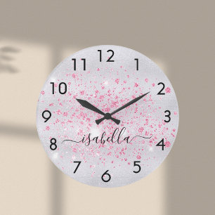 Skript för silver glitter rosa stoft metall namn stor klocka