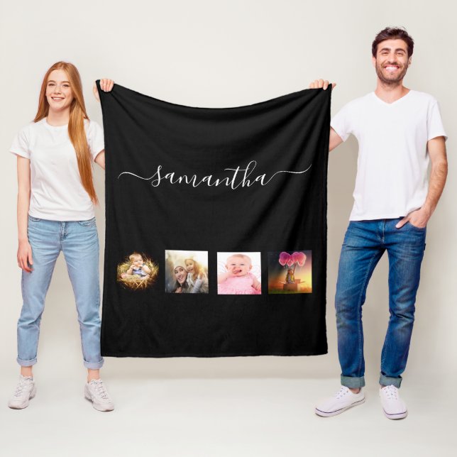 Skript för svart fotofamiljcollage i namn fleecefilt (På plats)