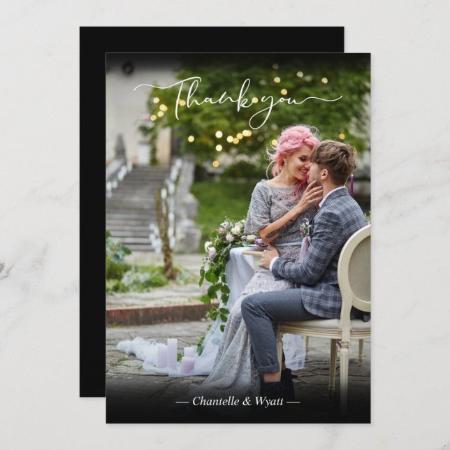 Skript för svart nylon Photo Simple Calligraphy Tack Kort (Fram/baksida)