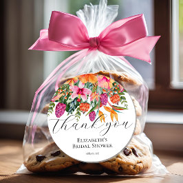 Skript för tack med rosa orange tropiska blommor runt klistermärke