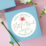 Skript för Tropical Bat mitzvah Watercolor Blommig Runt Klistermärke<br><div class="desc">Var stolt, gladd och fira den här milstolpen av din favoritBat mitzvah när du användor detta sofistikerade, personlig-klistermärke! En snyggt, en fantastisk, färgstark, tropisk plumeriablomma, ett handskrivet faux-skript i guld, stjärnan av David- och glitter-punkter, tillsammans med en modern sans serif-typ i vår grönt, täcker över en vit bakgrund. Anpassa anpassningsbarna...</div>