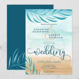 Skript för Tropical handflatan strand chic bröllop Inbjudningar