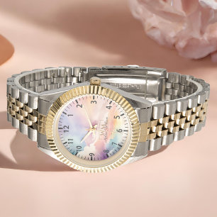 Skript för Watercolor Clouds Black Guld Monogram N Armbandsur