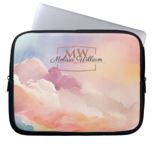 Skript för Watercolor Clouds Black Guld Monogram N Laptop Fodral