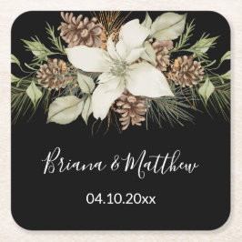 Skript för Winter Black and White-Elegant Bröllop Underlägg Papper Kvadrat