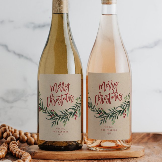 Skript Glad jul Gren med Bär Vinflaska Etikett (Elegant Script Greenery Leaves Merry Christmas Holiday Wine Labels.)