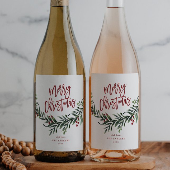 Skript Glad Jul Grönska Julfest Vinflaska Etikett (Elegant Watercolor Greenery Script Merry Christmas Holiday Wine Labels.)