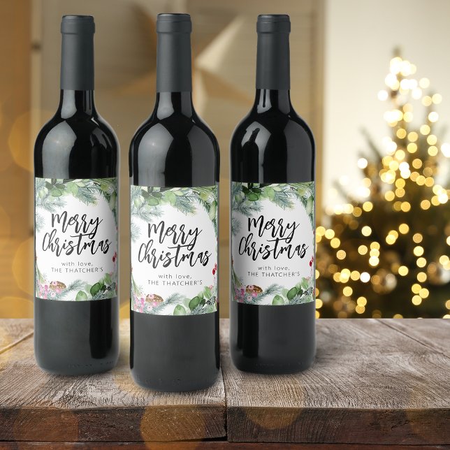 Skript God Jul Vattenfärg Grönska Vinflaska Etikett (Script Merry Christmas Watercolor Greenery Wine Label)