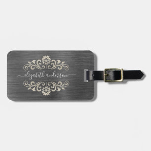 Skript grått Silver Brushed Metall Monogram Namn Bagagebricka