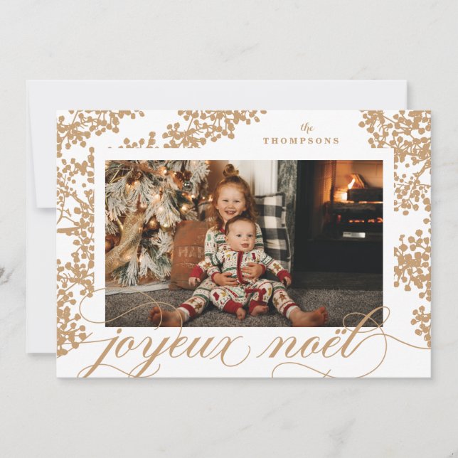 Skript Joyeux Noel Guld Foliage Photo Card Julkort (Framsida)