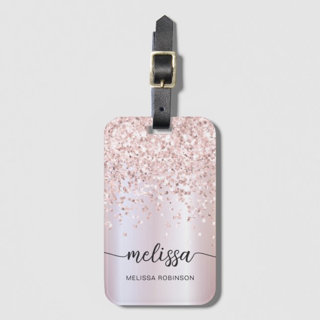 Skript Metall Guld Glitter Monogram Namn Bagagebricka (Framsida vertikal)