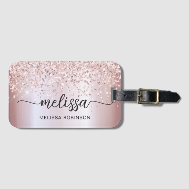 Skript Metall Guld Glitter Monogram Namn Bagagebricka (Framsida horisontal)