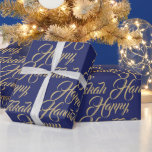 Skript om modern elegant för lycklig Hanukkah-flot Presentpapper<br><div class="desc">Lycklig Hanukkah faux guld och marinblått,  modernt manus i elegant,  mönster presenten Wrapping Papper. Faux guld-skript,  typografi mönster på marin blå bakgrund.</div>