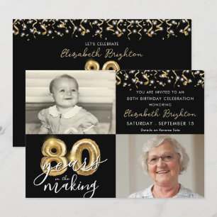 Skript på 80:e födelsedag 2 Foton, svart, Guld-bub Inbjudningar