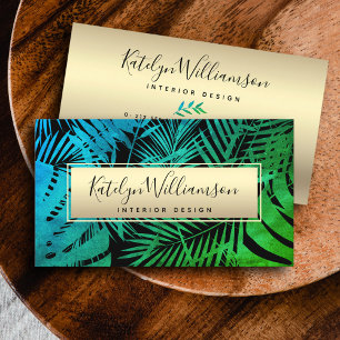 Skript på Tropical handflatan grönt teal ombre ele Visitkort