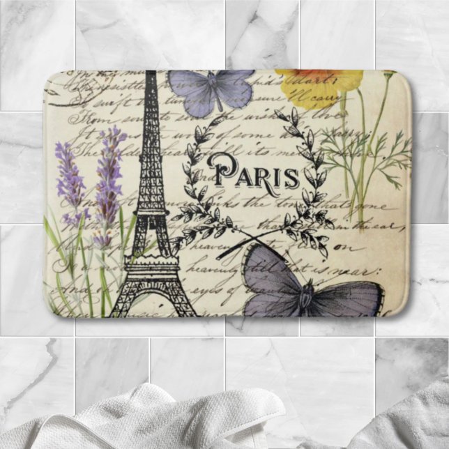 Skript paris eiffel torn vid fransk land badrumsmatta (rustic french country scripts paris eiffel tower bath mat)