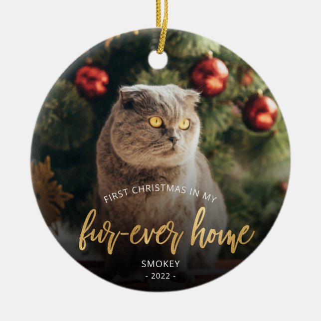 Skript Pet Photo First jul Forever Home Guld Julgransprydnad Keramik (Framsidan)