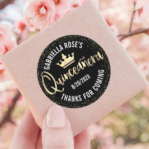 Skript Quinceañera Black Guld Glitter Foil Krona Runt Klistermärke